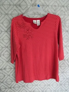 Just My Size Top Size 16 Red Striped Pull Over V Neck 3/4 Sleeve Embroidery Work - Picture 1 of 5