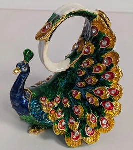 Jewellery Ring Trinket Box Peacock Enamel Bejewelled Crystals Rhinestones M3 - Picture 1 of 14