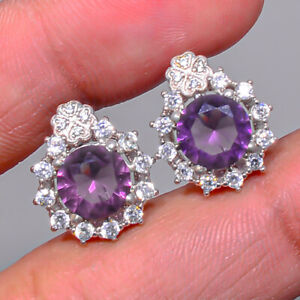 Amethyst 925 Sterling Silver White Rhodium Plated Earring 0.59"