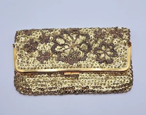 Vintage Hand Beaded Sequin fold-over gold clasp clutch made in Hong Kong READ - Picture 1 of 23