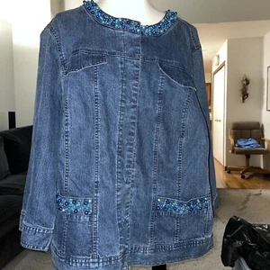 Ruby Red Denim Beaded Long Sleeve Jacket 2 Pockets Size 20 W Free Shipping - Picture 1 of 10