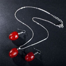  Women's Chic Tear Drop Red Pendant Necklace+Earring Wedding Jewelry Set
