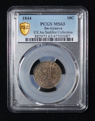 PCGS MS63 1844 SWITZERLAND GENEVA Republic 10 centimes ex Joe Sedillot Collecti - Image 1 of 4