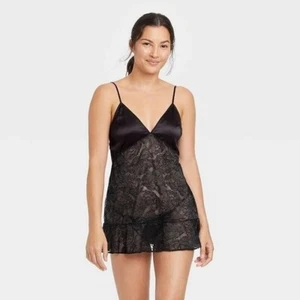 Juego de lencería Auden negro satén/encaje babydoll de 2 piezas (grande) nuevo en caja - Imagen 1 de 7