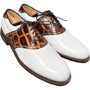 Footjoy Classics Dry Golf Shoes White Brown Exotic Leather Saddle 13D # 50603 - Picture 1 of 16