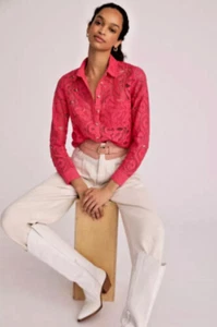 Anthropologie Maeve Fuchsia Pink Floral Open Lace Button-down Blouse Size 4 NWT - Picture 1 of 13