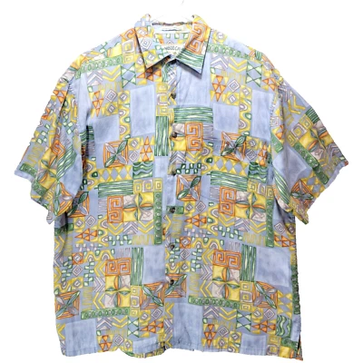 Camisa havaiana Bamboo Cay masculina M multicolorida acampamento geométrica tribal asteca - Imagem 1 de 4