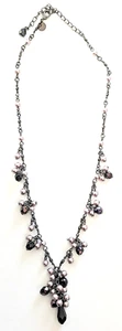 Black & Lilac Mauve Crystal Tassel Bead and Stone Cluster Necklace Black Chain - Picture 1 of 4