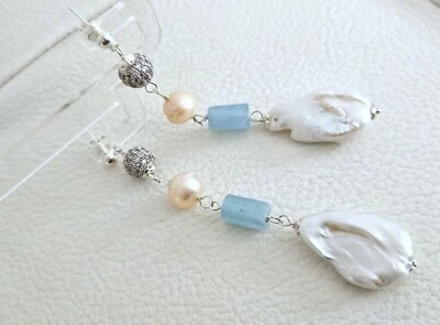 Orecchini in argento 925, perle di acqua dolce e acquamarina - Immagine 1 di 4