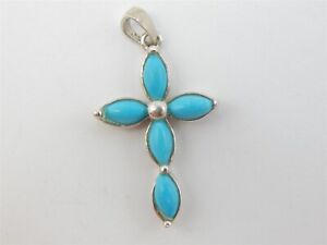 STELRING SILVER 1.25 TCW MARQUISE SHAPE TURQUOISE CROSS PENDANT ABOUT 1" HIGH