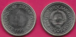 YUGOSLAVIA SOCIALIST FEDERAL REP 1 DINAR 1991 UNC STATE EMBLEM,TEX SURROUNDS DEN - Picture 1 of 1