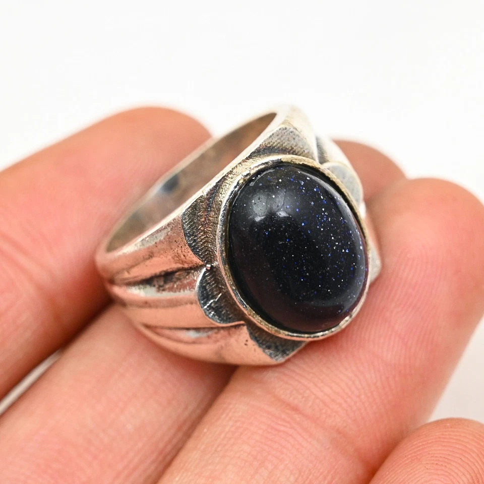 Мужское кольцо ручной работы из чистого серебра 925 пробы с золотым камнем все размеры M839 - Изображение 1 из 4