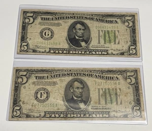 Set of 2 1934 $5 (CHICAGO, ATLANTA) Federal Reserve Notes Mylar Sleeves U.S. lot - Picture 1 of 2