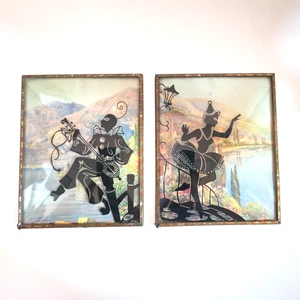 Framed Silhouette Wall Art Pair Harlequin Musician Dancer Mid Century - Picture 1 of 14