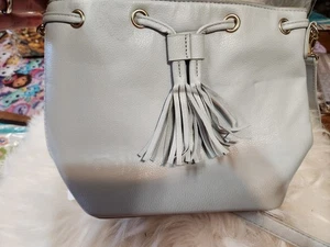 J Crew Bandolera Bolso Cubo Cartera Borlas Cuero Azul Claro Boho - Imagen 1 de 5