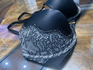 Victorias Secret Very Sexy Plunge Padded Bra Size 34D Tan Black Lace - Picture 1 of 8