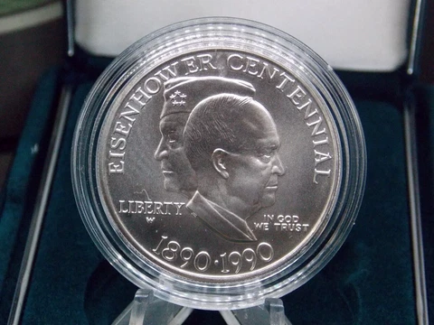 1990 "W" IKE Commemorative EISENHOWER Silver Dollar BU UNC $1 Box & COA ECC&C Cover