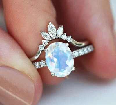 2Ct Oval Cut Simulated Fire Opal Amezing Bridal Ring Set 14K White Gold Plated - Image 1 of 4