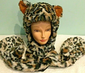 Animal Trapper Hood Scar Mitts Leopard Cougar Fleece Lined Unisex Adult Boy Girl - Picture 1 of 4