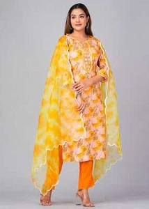 New Bollywood For Women Cotton Yellow Color Print  Kurta with Trousers  Dupatta - Picture 1 of 5
