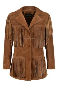 Giacca Donna Western Frange Pelle Marrone Classica Frangia Reale Scamosciato 5937 - Foto 1 di 5