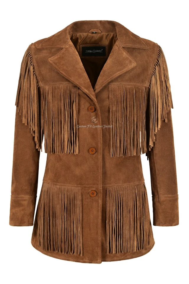 Women Western Fringes Leather Jacket Tan Classic Fringe Real Suede Jacket 5937 - Image 1 of 4