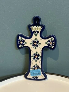 NWT Polish Pottery Wall Cross from Boleslawiec Poland With Floral Motif 7.5” - Picture 1 of 5