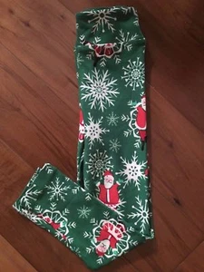 Lularoe Christmas Snowflakes Green Santa S/M Leggings New - Picture 1 of 2