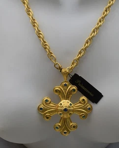 VINTAGE SCHMUCK GROSSES MALTESERKREUZ GOLD MIT STRASS HALSKETTE 34" PRIMAVERA - Bild 1 von 10