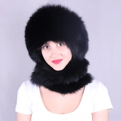 Real Silver Blue Fox Fur Hat Shapka Ushanka Whole Pelt Russian Hat w Neck Scarf - Image 1 of 4