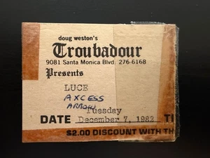 Biglietto Luce Vintage Stub The Troubadour West Hollywood CA 7 dicembre 1982 - Foto 1 di 2
