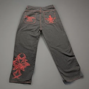Heaven Can Wait Jeans 30X26 Embroidered Y2k Wide Leg Black Skull Skeleton Skater - Picture 1 of 8