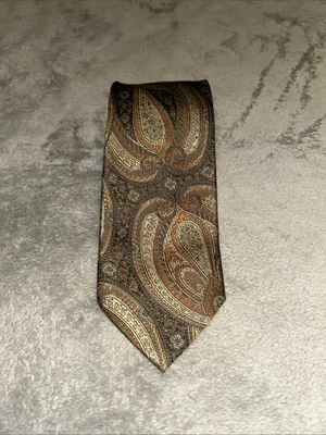 Bruno Piattelli 领带丝绸手工佩斯利棕色/青铜/金色图案全新无标签 (A34) — 第 1/4 张图片