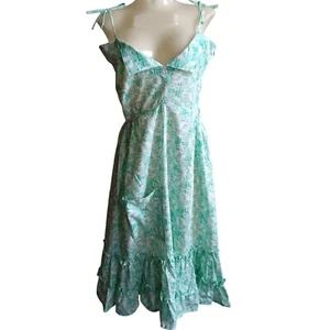 Vintage sz 10 1970's Ruffle Boho Green Floral Sleeveless Midi Dress With Pockets - Picture 1 of 9