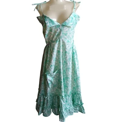 Vestido midi vintage sin mangas floral verde boho con volantes talla 10 años 70 con bolsillos Foto 1 de 4