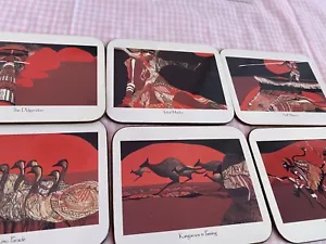 VTG COASTERS-6-TRADITIONAL ABORIGINAL LIFE-Drawing w/cork back ByJason-N.Zealand - Picture 1 of 12