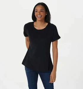 Isaac Mizrahi Live! Rolled Sleeve Button-Back Knit Top-Black Womens XS - Picture 1 of 4