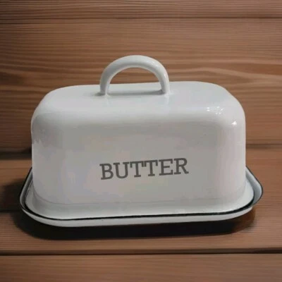 Retro Rustic White Enamelware Butter Dish W/Lid Farmhouse *NOTE* - Image 1 of 4