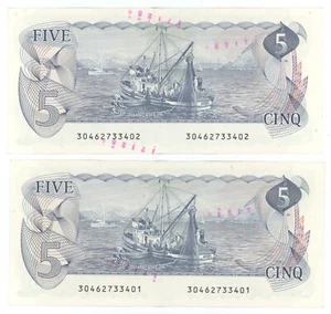 2x Consecutive Canada 1979 $5 Five Dollar Banknote UNC Possible Error Notes - Picture 1 of 6