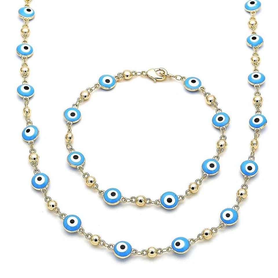 14K GOLD PLATED NECKLACE BRACEET SET WITH TURQOISE COLOR ROUND EVIL EYES M358 - Image 1 of 1