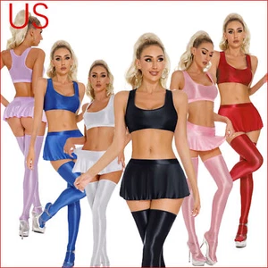 Women 3Pcs Shiny Glossy Outfits Crop Tank Top with Miniskirt & Stockings - Picture 1 of 105