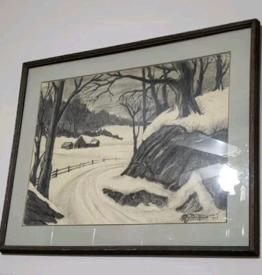 Винтажный пейзажный рисунок в рамке 30 x 24 дюйма страна Rd - Reg MacManus 25 февраля 1965 - Изображение 1 из 4