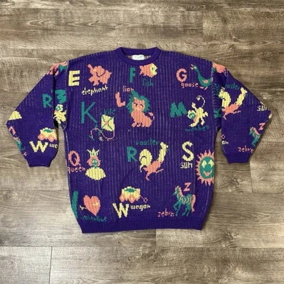 Suéter Benetton De Colección Hecho en Italia Para Hombres Años 80 Púrpura Alfabeto Jersey Europeo L Foto 1 de 4