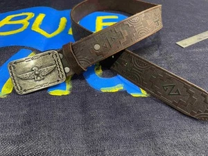 Ralph Lauren Brown Embossed Leather Belt Thunderbird Buckle Southwestern sz 30 - Picture 1 of 6