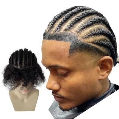 100%Human Hair Replacement Cornrow Braids Unit 8x10 Full PU Toupee for Black Men - Image 1 of 4