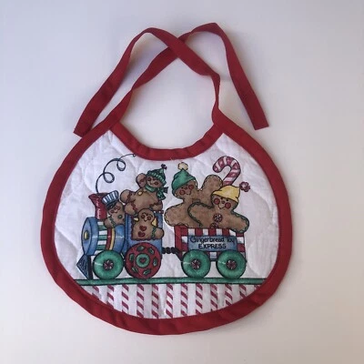 Babero de bebé Gingerbread Toy Express vintage acolchado a mano Navidad rojo blanco Foto 1 de 4