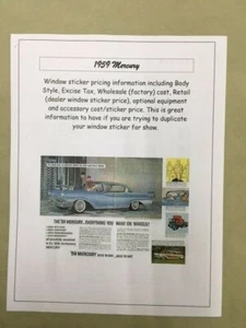 1959 Mercury dealer cost/window list sticker price for car/options & codes--'59 - Picture 1 of 1