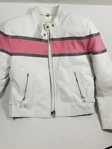 Rare Womens Wht Leather Jacket w/ Solid Pink Stripe with Quilted Poly Lining - Picture 1 of 11