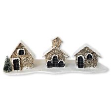 Miniature Snow Covered Stone Houses & Green Brush Tree Christmas Decoration