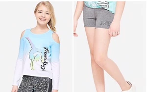 NWTJustice Gymnast Girls Cold Shoulder Tee Tie Dye Band Shorts Size~6/7~ - Picture 1 of 5